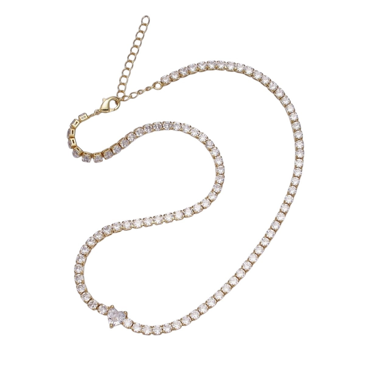 24K Gold Filled Pink Clear CZ Heart Tennis Chain Choker Minimalist Necklace