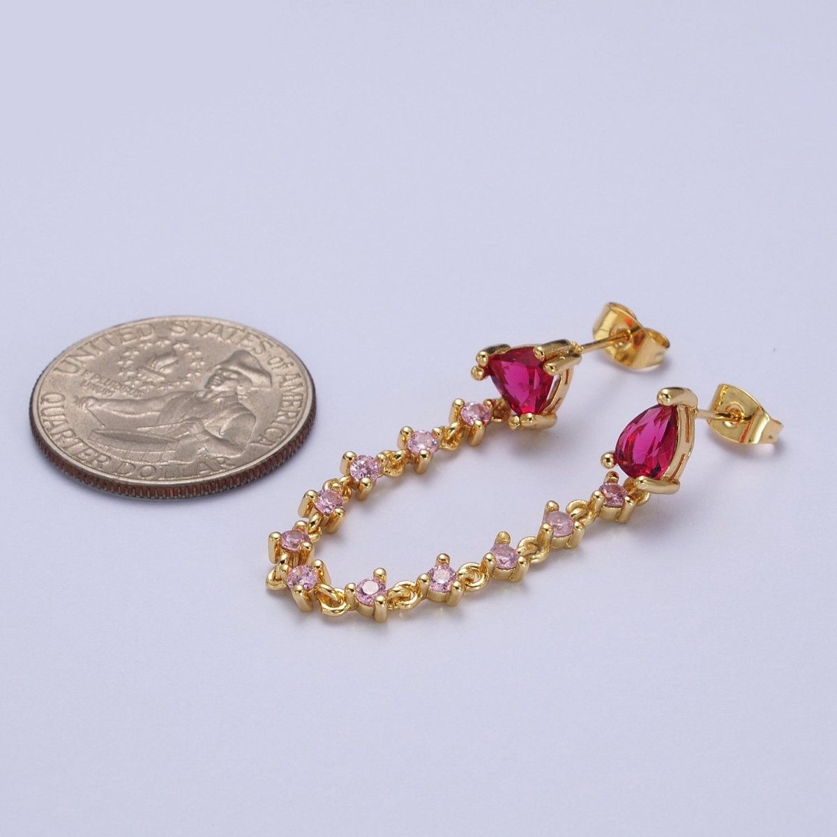 24K Gold Filled Pink Cubic Zirconia Chain Link Double Fuchsia Teardrop Stud Earrings