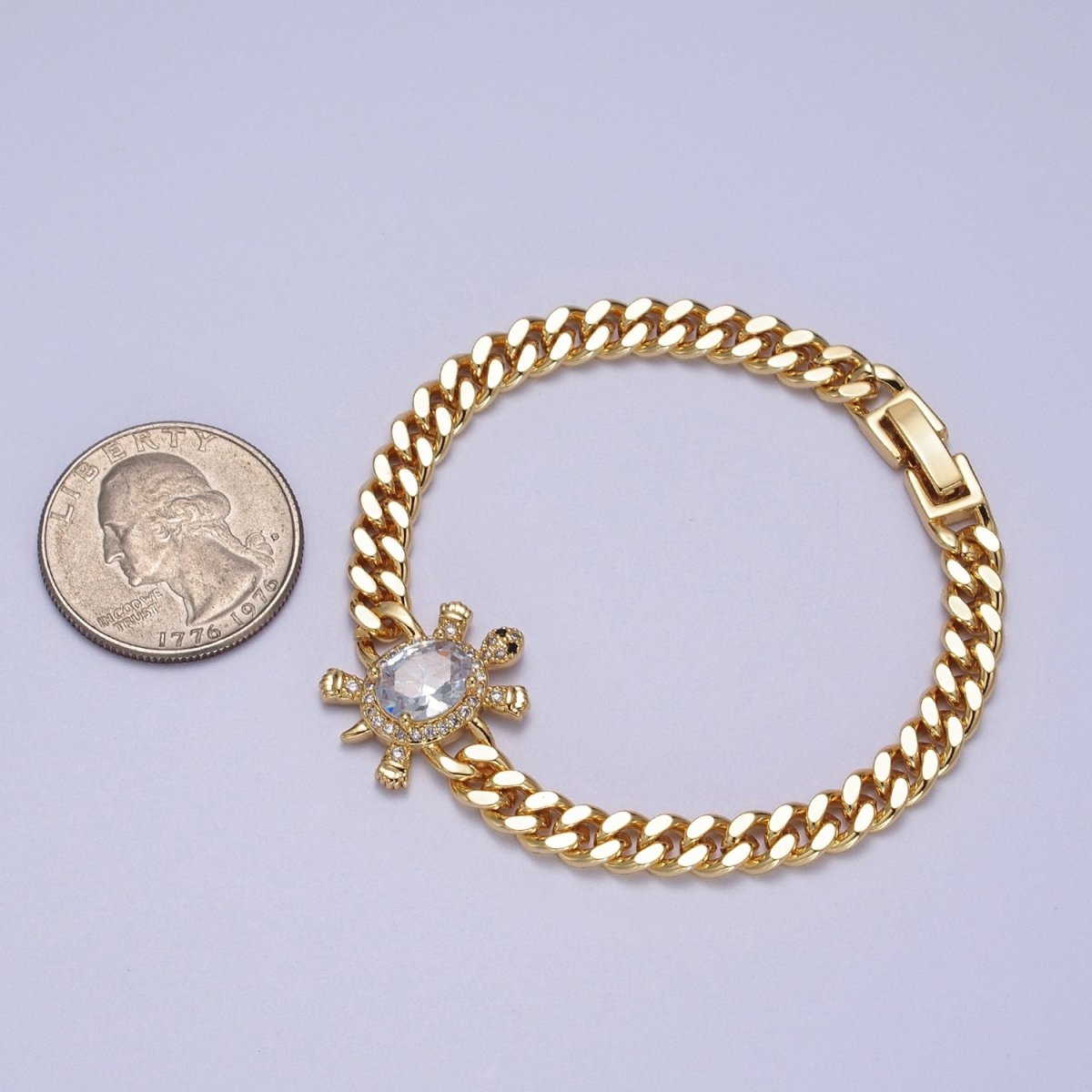 24K Gold Filled Sea Turtle Micro Pave Cubic Zirconia Curb Bracelet