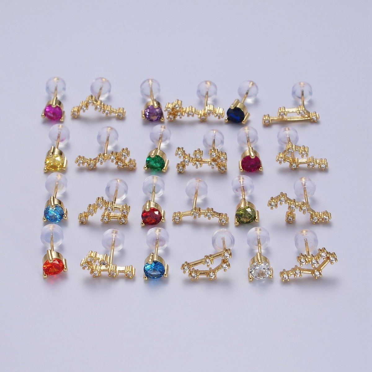 24K Gold Filled Set Birthstone & Astrology Zodiac Horoscope Constellation Cubic Zirconia Stud Earrings
