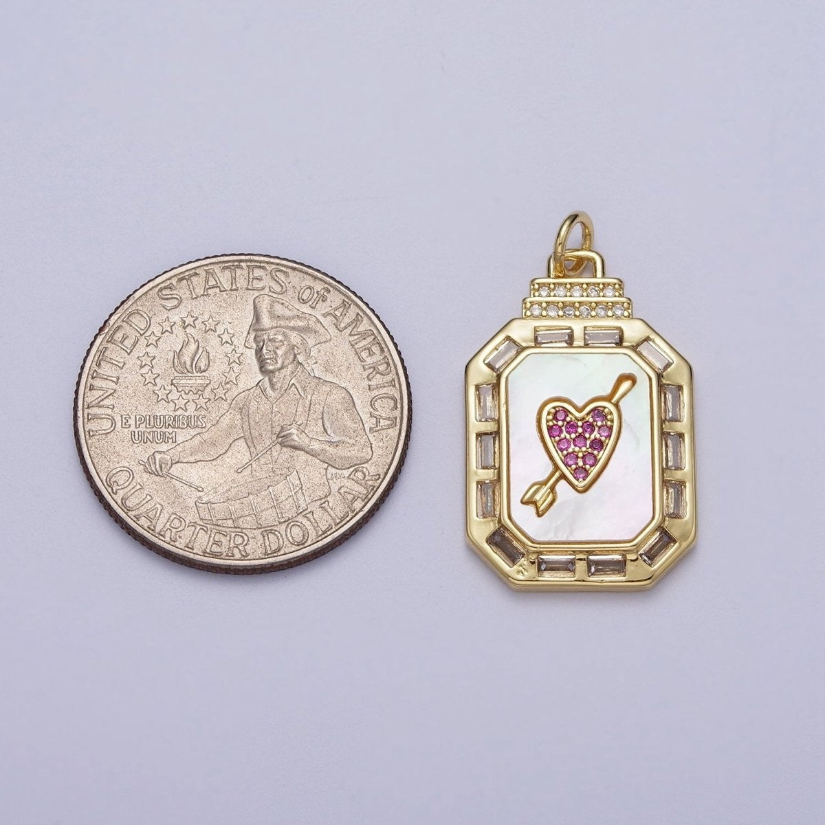 24K Gold Filled Shell Pearl Cupid Arrowed Heart Micro Pave Baguette CZ Octagonal Charm
