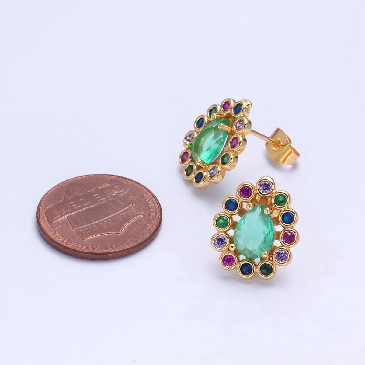 24K Gold Filled Teal Teardrop CZ Studs Multicolor Round Earrings