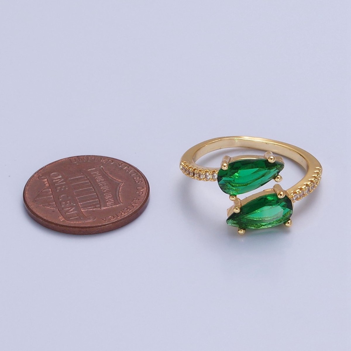 24K Gold Filled Teardrop CZ Ring, Green or Fuchsia Cubic Zirconia Open Ring with Clear Micro Pave Band