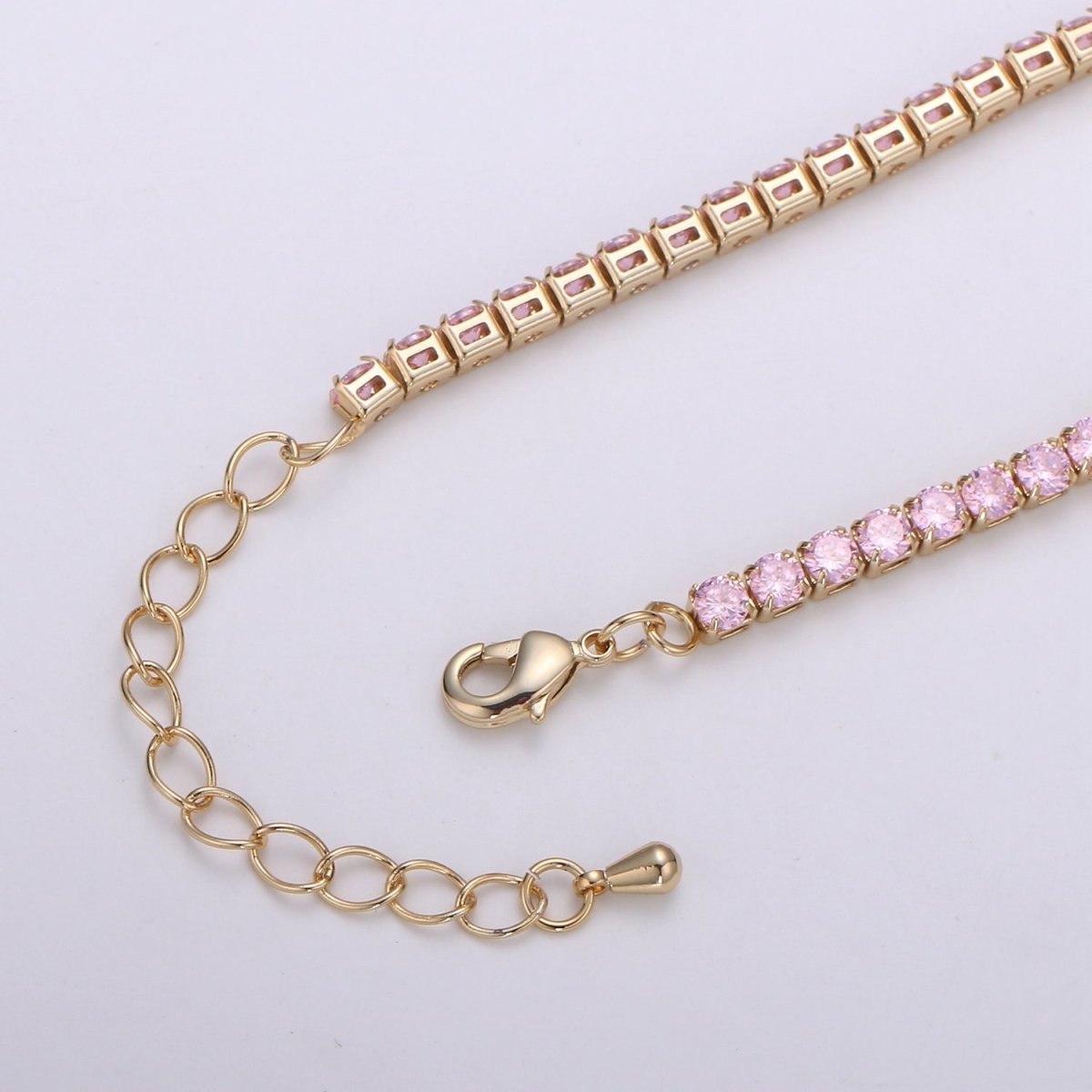 24K Gold Filled CZ Tennis Choker - 14.6 Inches - 2 inch Extender - 3mm In Width in Pink or Blue