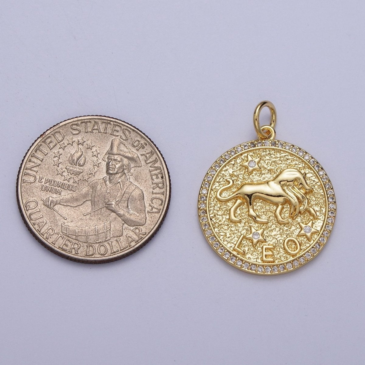 24K Gold Filled 29mm Zodiac Birth Star Hammered Round Micro Pave CZ Charm