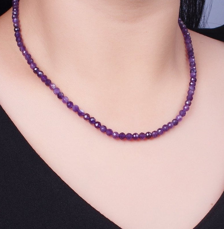 Beautiful 4.3mm Multifaceted Dark Purple Amethyst Gemstone 16.5 Inch Choker Necklace