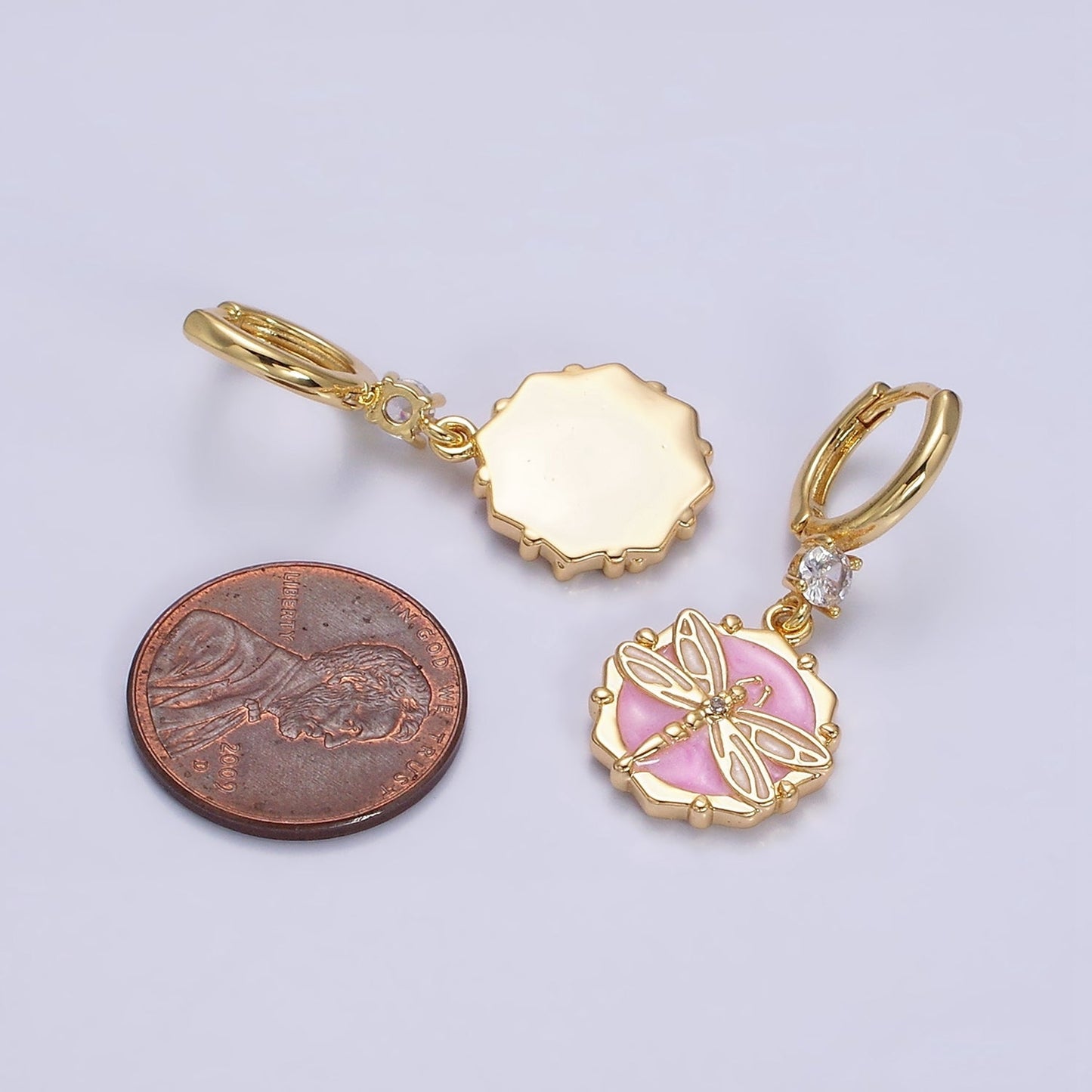16K Gold Filled Pink, White, Blue Sparkly Enamel Dragonfly Hexagonal CZ Drop Huggie Earrings