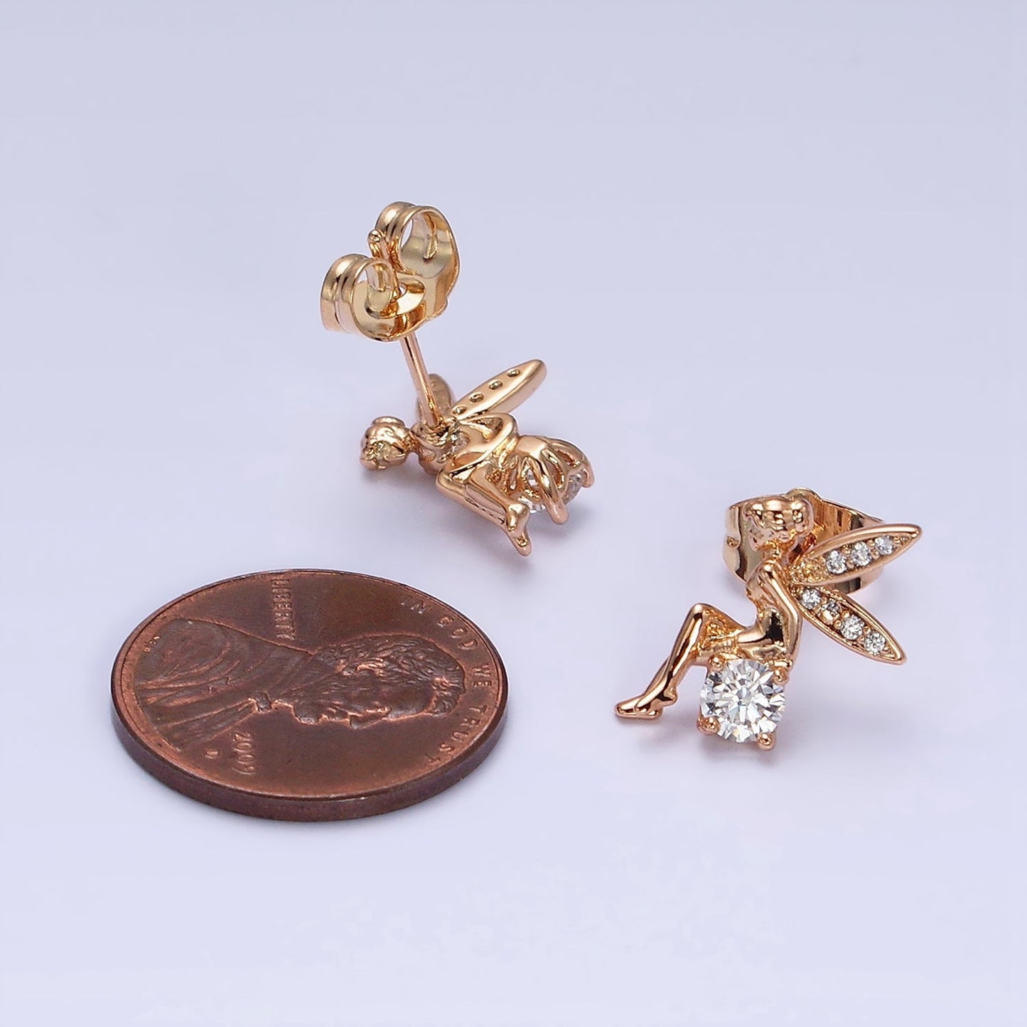 Sweet 18K Gold Filled Fairy Wings Micro Pave CZ Stud Earrings