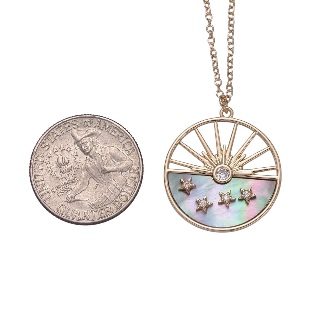 Celestial Sun Star CZ Abalone 16 Inch Cable Chain Necklace w. 2 Inch Extender