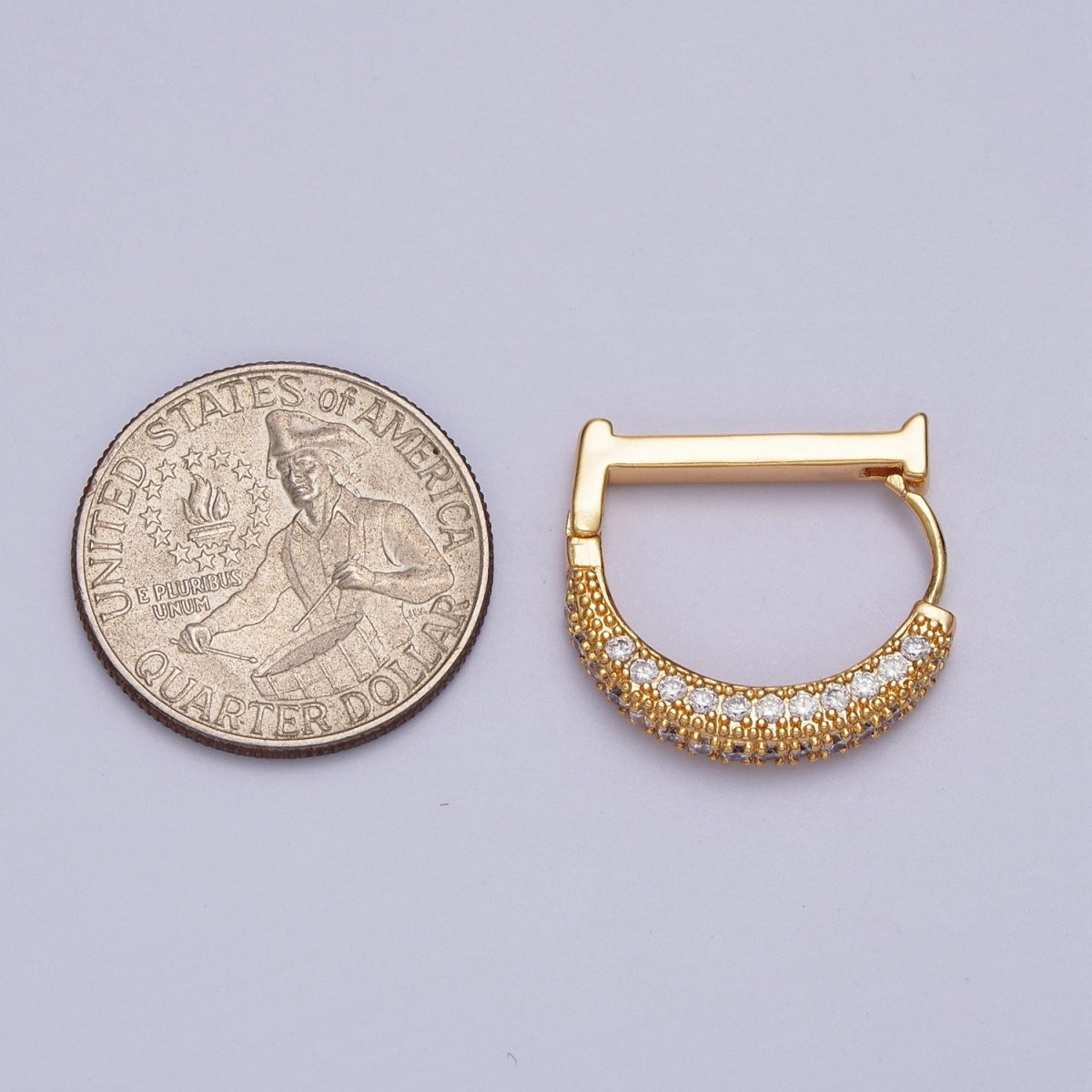 Clear CZ Micro Pave Geometric D-Shaped Gold Huggie Earrings