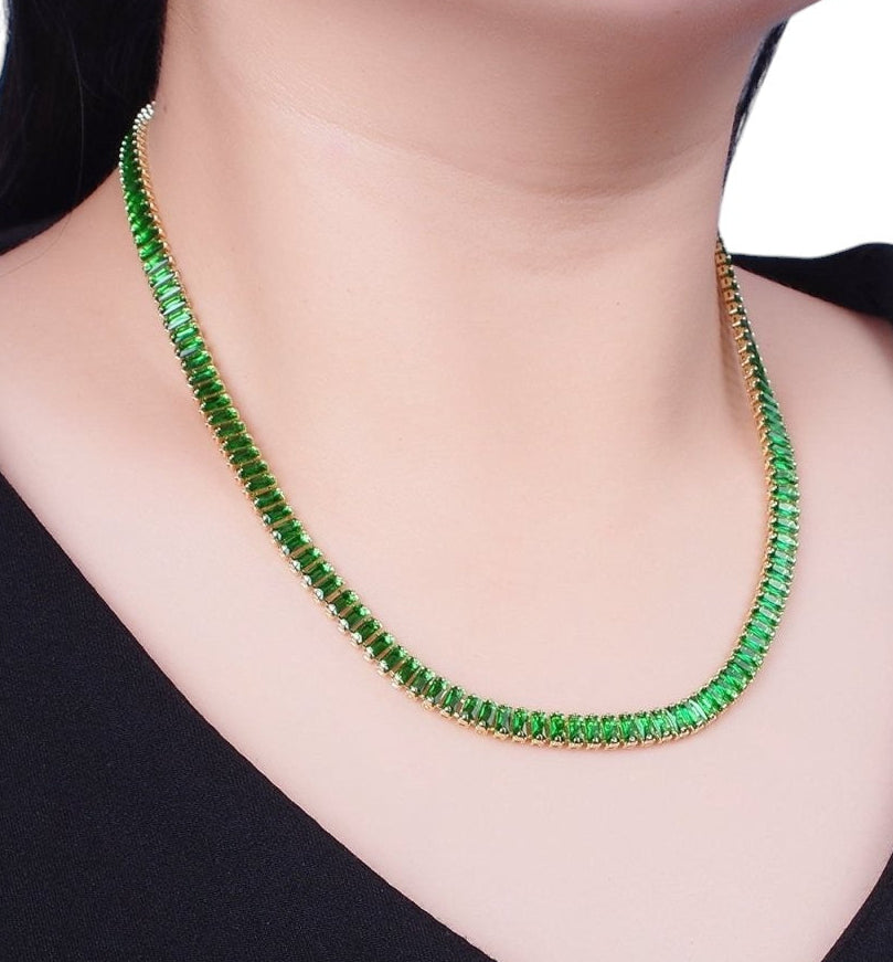 Gorgeous Color Tennis Baguette Necklace 24k Gold Filled CZ Chain Necklace Layer Colorful