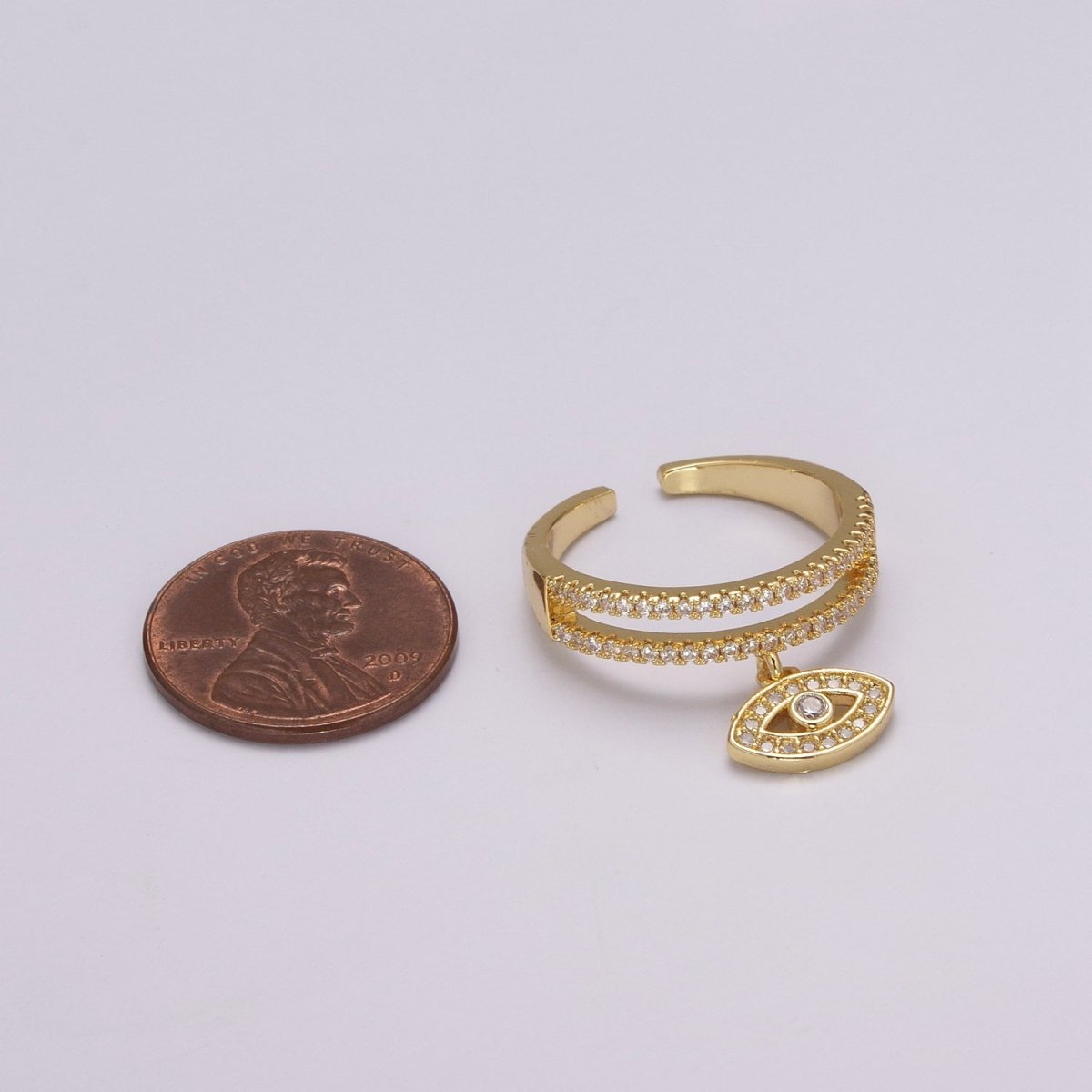 Cute CZ Gold Evil Eye Protection Ring - Stackable Eye Ring - CZ Ring - Dangle Charm Eye Ring - Dainty Stackable Rings - Adjustable Open Ring