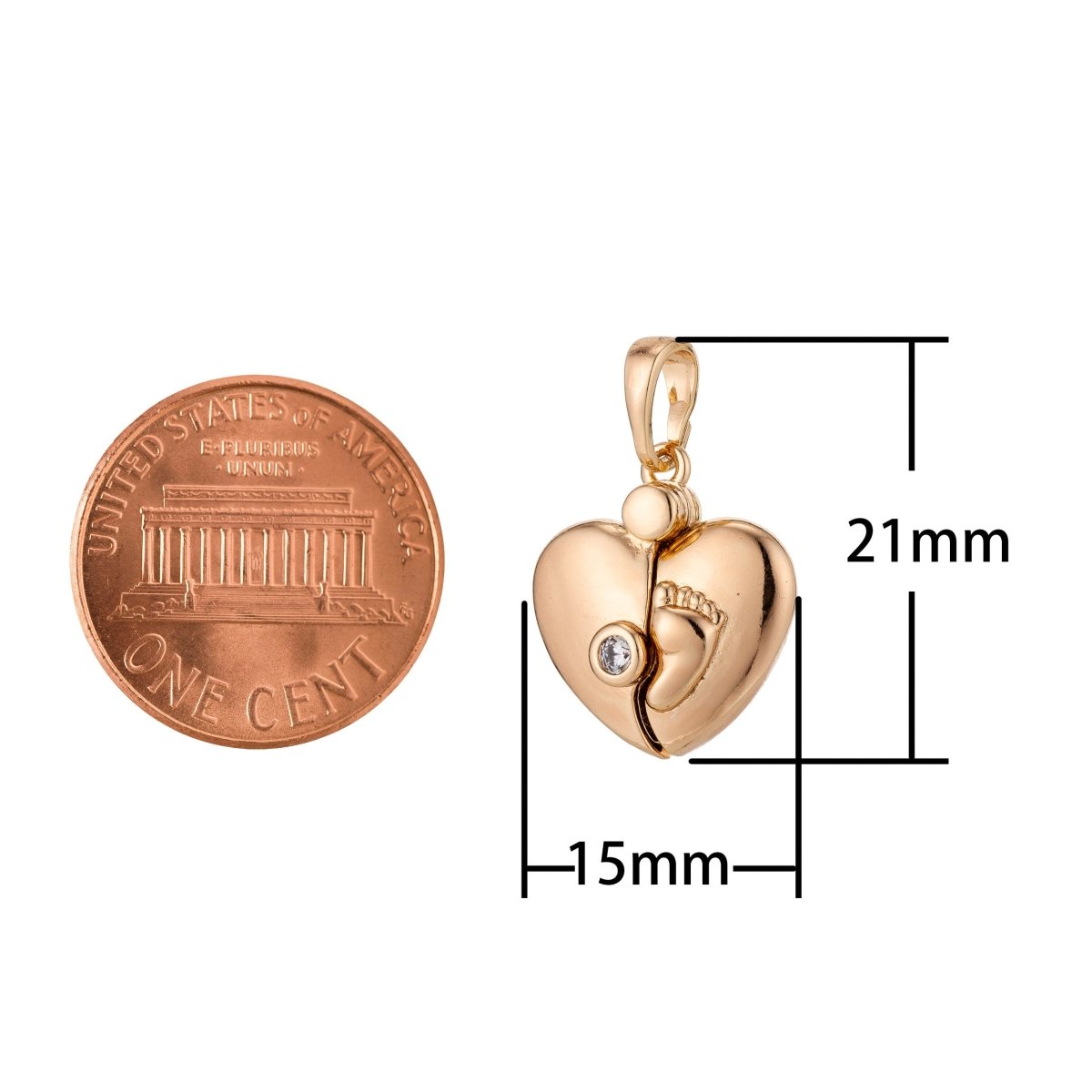 Dainty 18K Gold-Filled 21mm Heart with Baby Footprint Pendant CZ