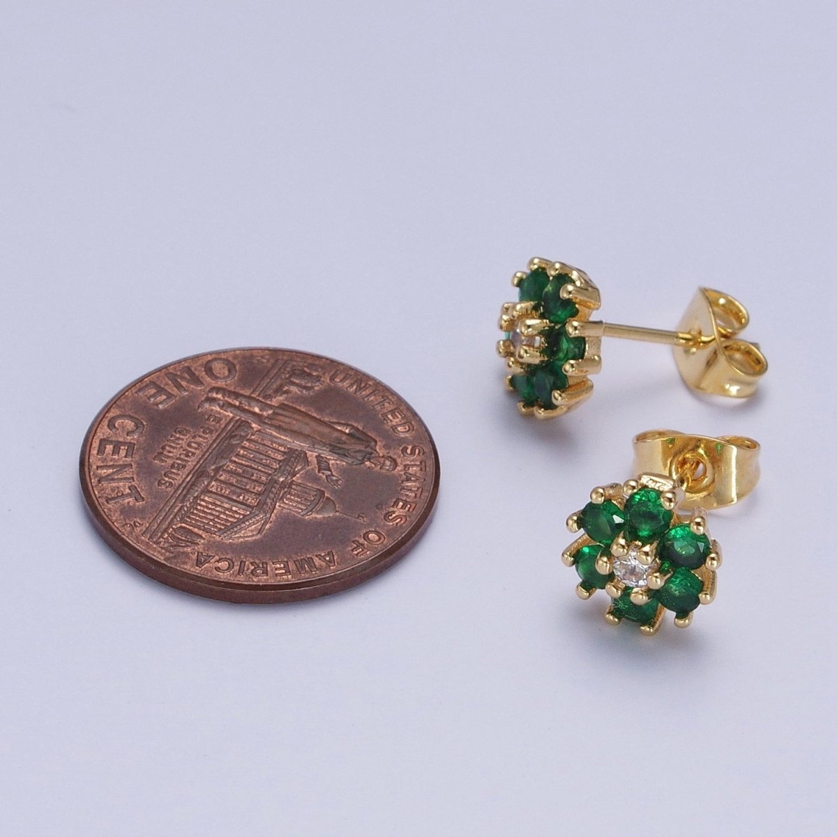 Dainty 24K Gold Filled Emerald Green & Clear Cubic Zirconia Flower Stud Earrings