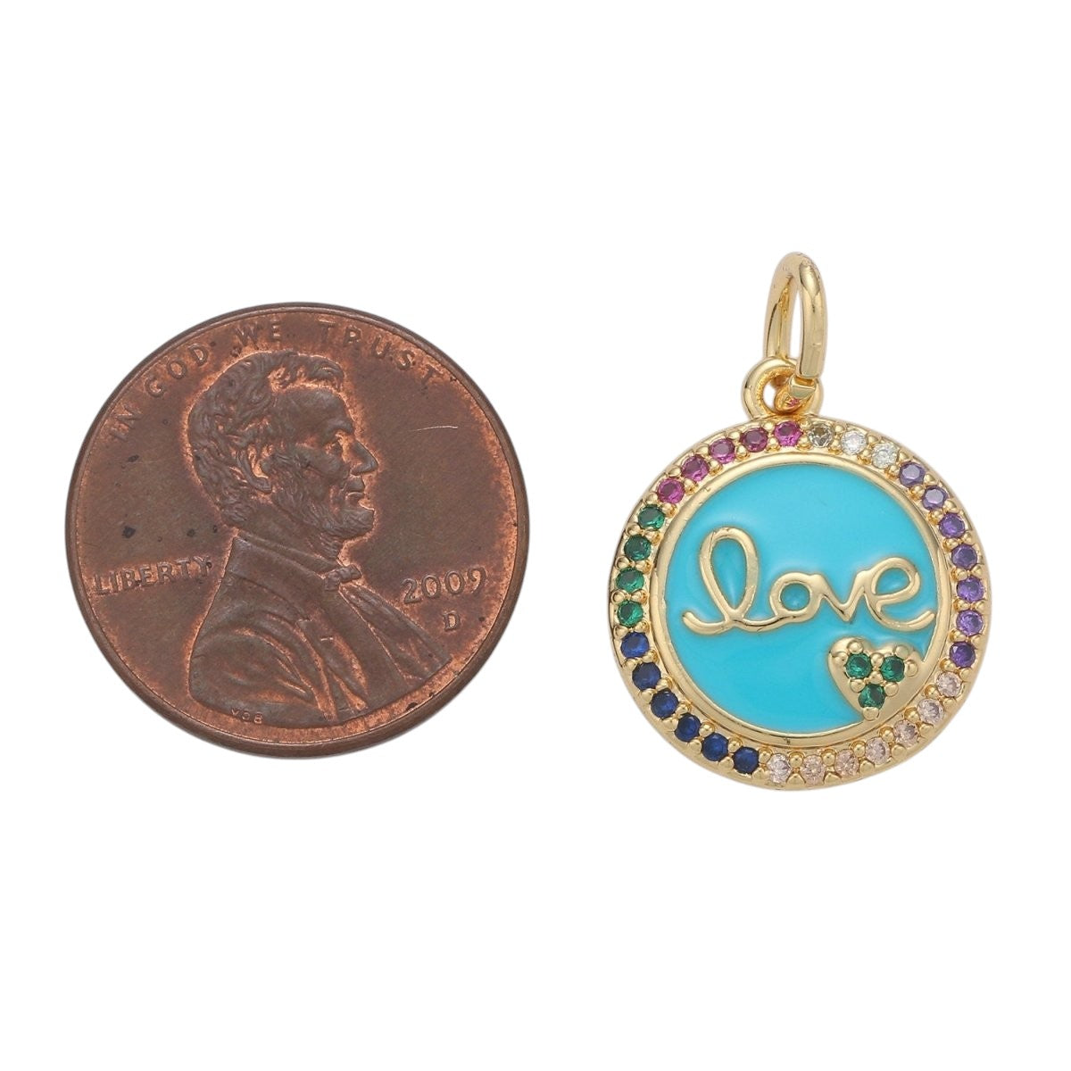 Dainty Blue Love Pendant Enamel Round Disc Charm, Gold Micro Pave Love Charm