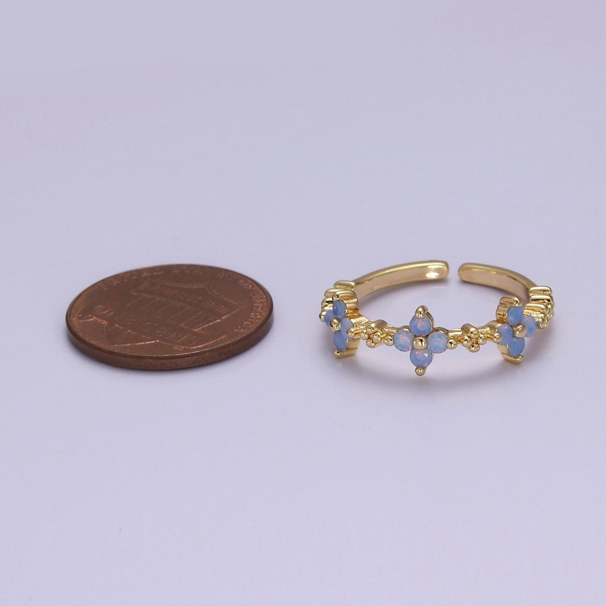 Dainty Blue Opal Flower Ring Open Adjustable Gold Filled Band Ring Minimalist Jewelry