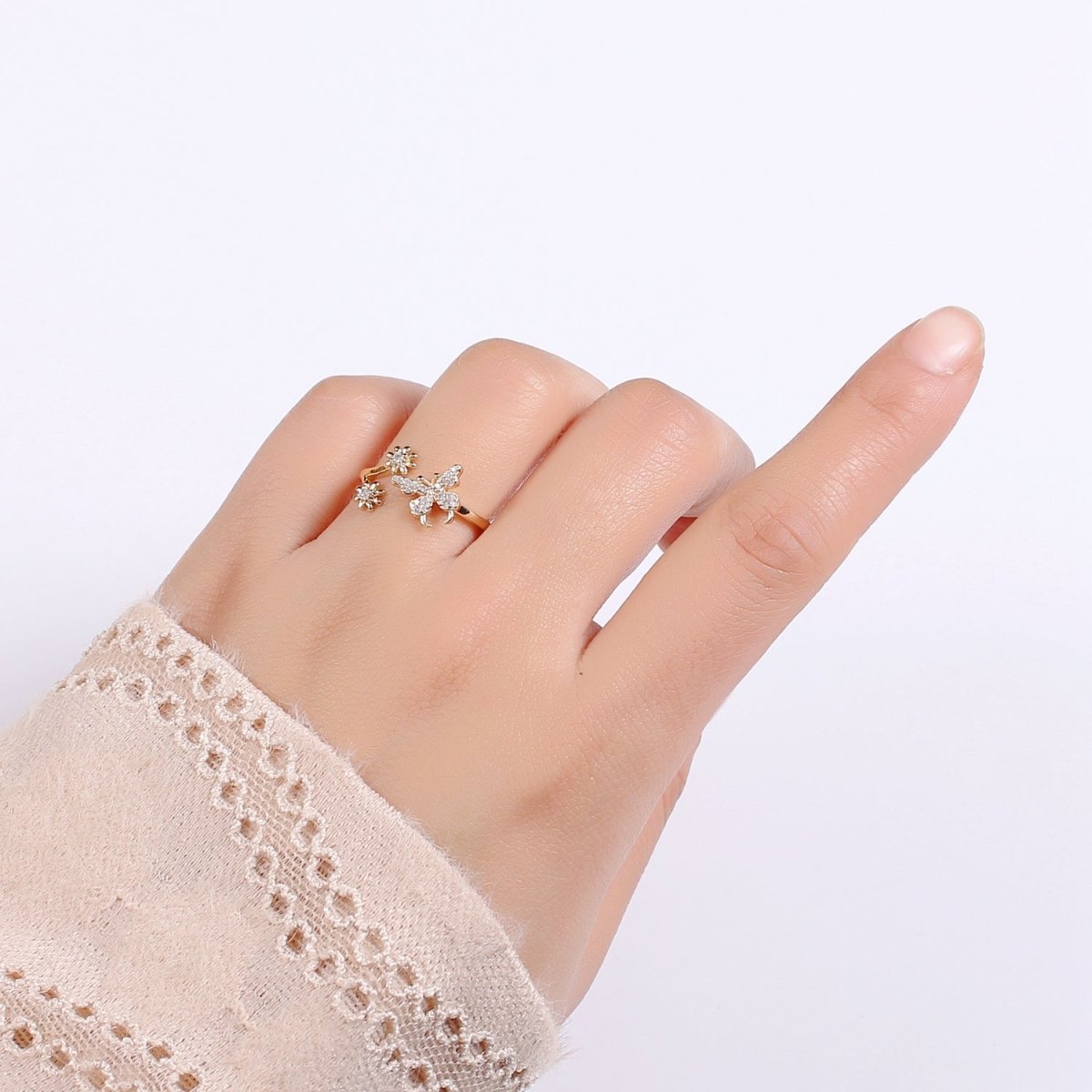 Dainty Elegant Butterfly and Flower 18K Gold Filled Adjustable Ring