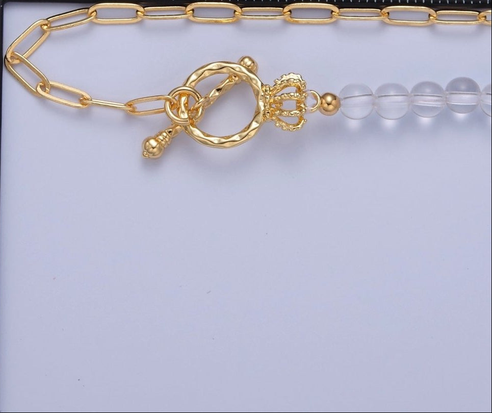 Dainty Half Bead Half Link Chain Necklace 24k Gold Filled Paperclip Chain Clear Quartz Necklace Toggle Clasp