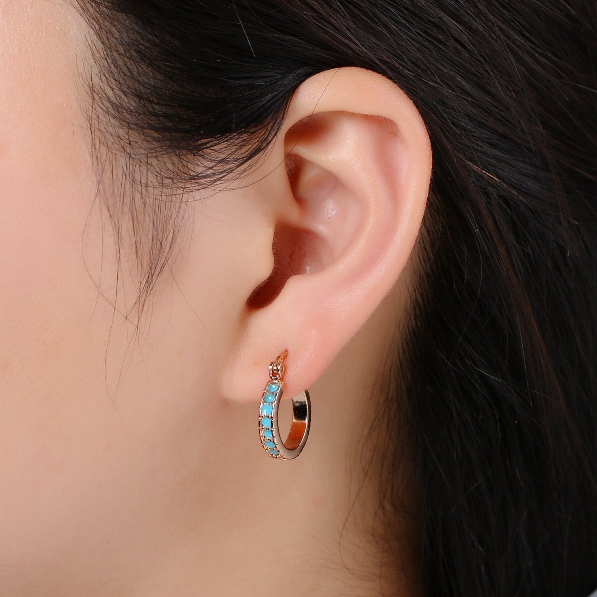 Dainty Turquoise Hoop CZ Rose Gold Filled Earrings Everyday Wear Minimalist Jewelry
