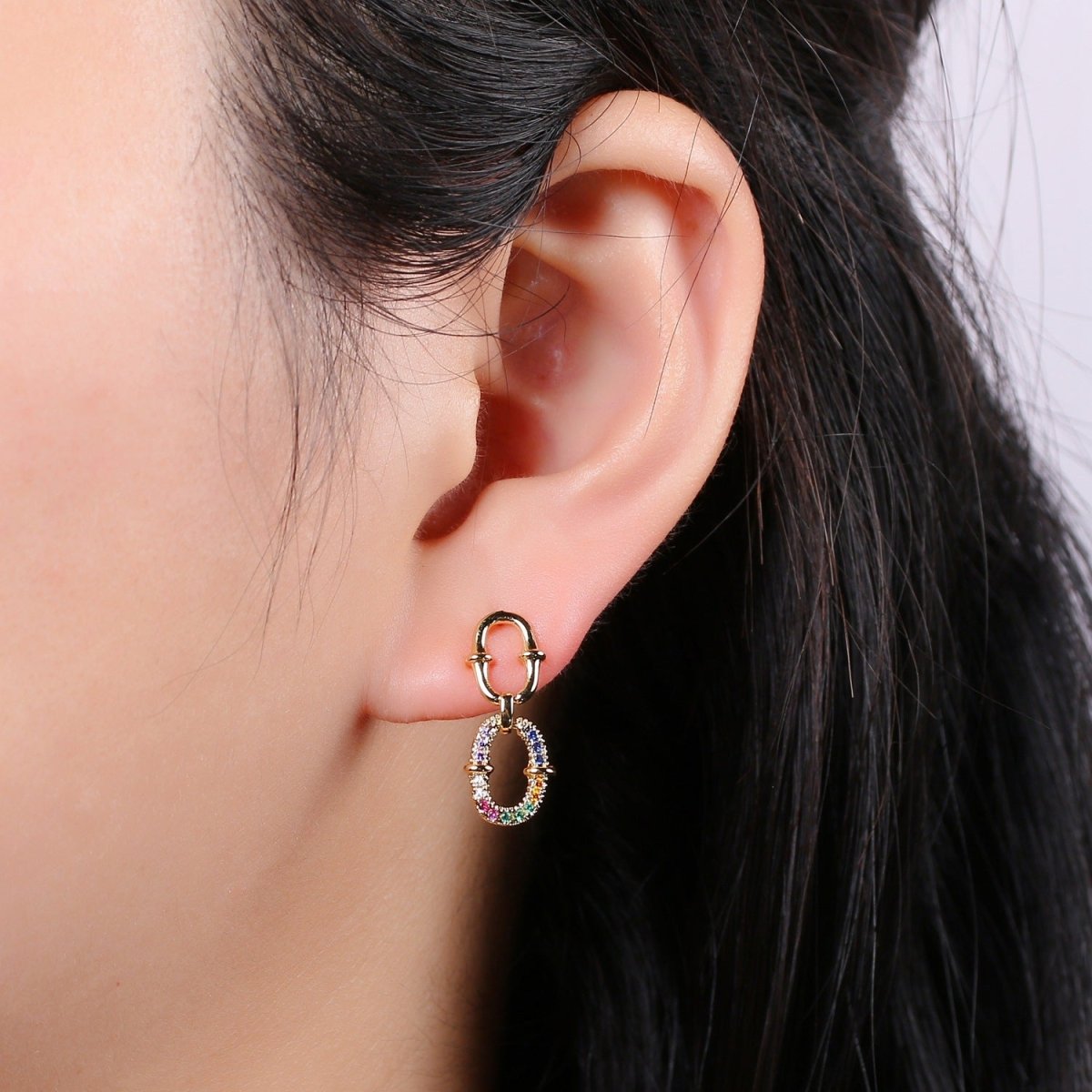 Double Eternity Design 24K Gold Multicolor Pave CZ Dangle Stud Earring, Simplicity Rolo Metro Design Earrings