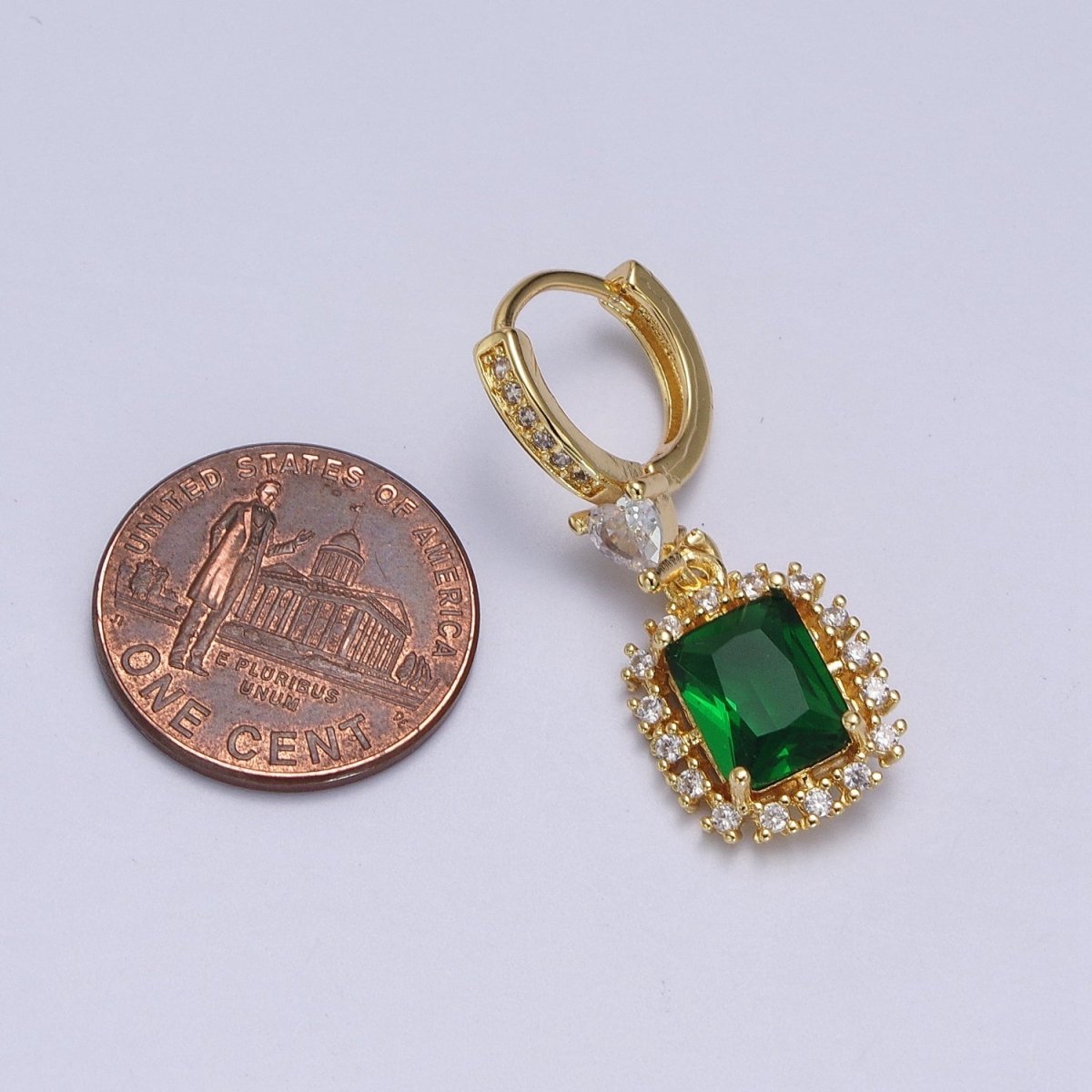 Emerald Green Baguette Dangle Drop Clear Heart Micro Pave CZ Gold Huggie Earrings