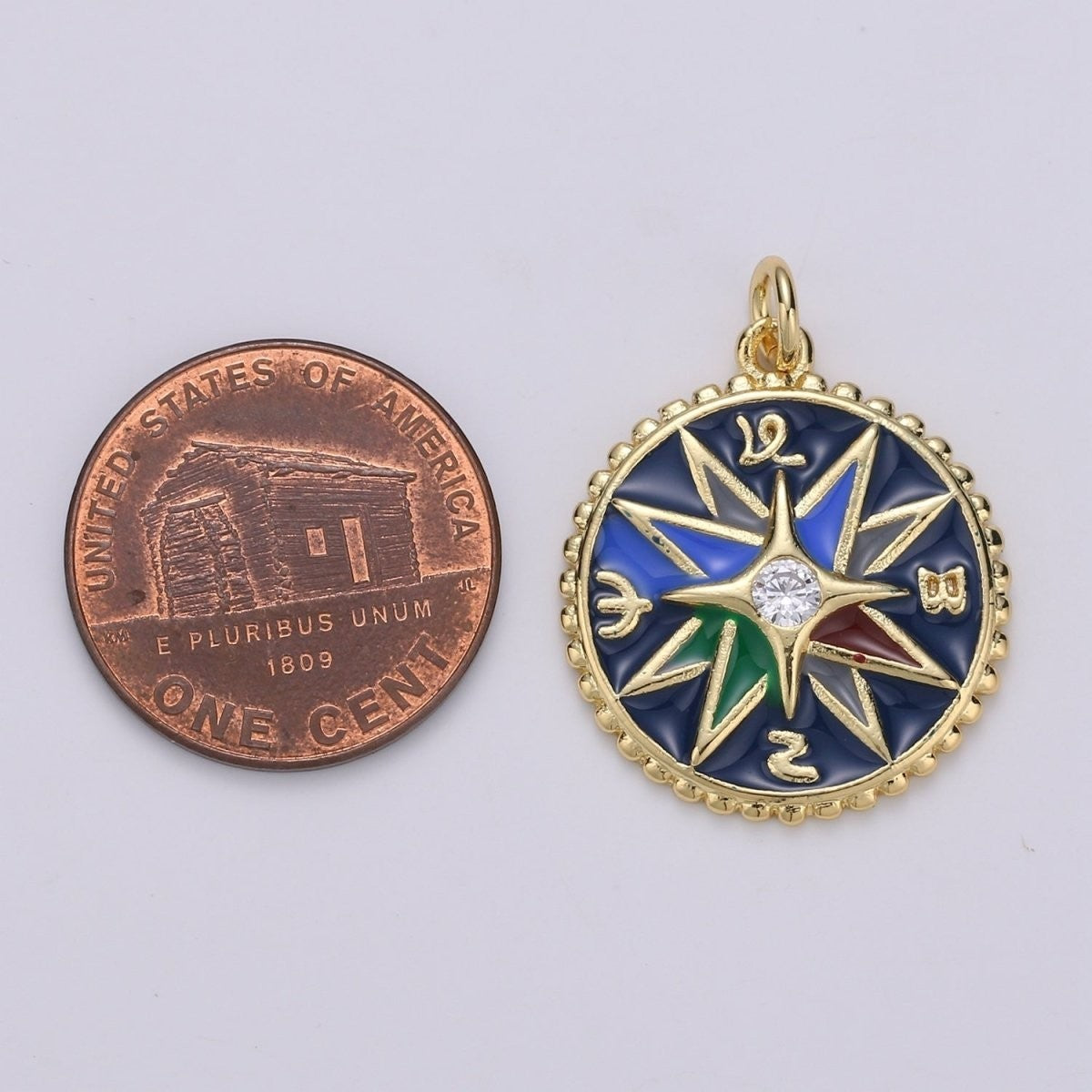 Enamel Charms 24K Gold-Filled Compass Charm, Epoxy Blue Pendant, Talisman Charm Travel Adventure Designer Inspired