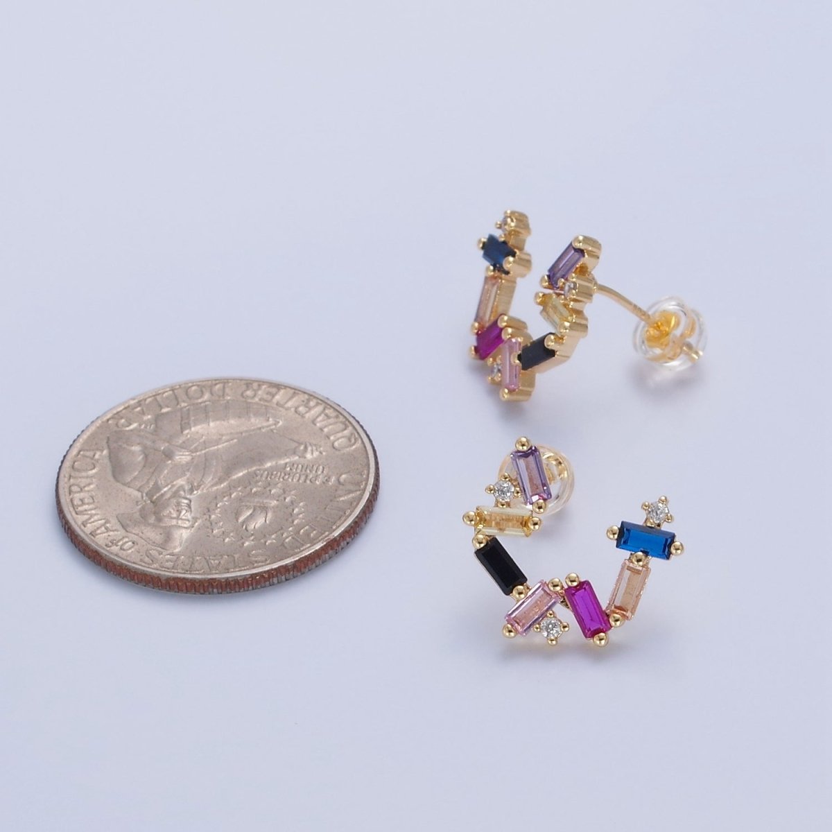 Gold Abstract Circular Zig Zag Multicolor Baguette Stud Earrings