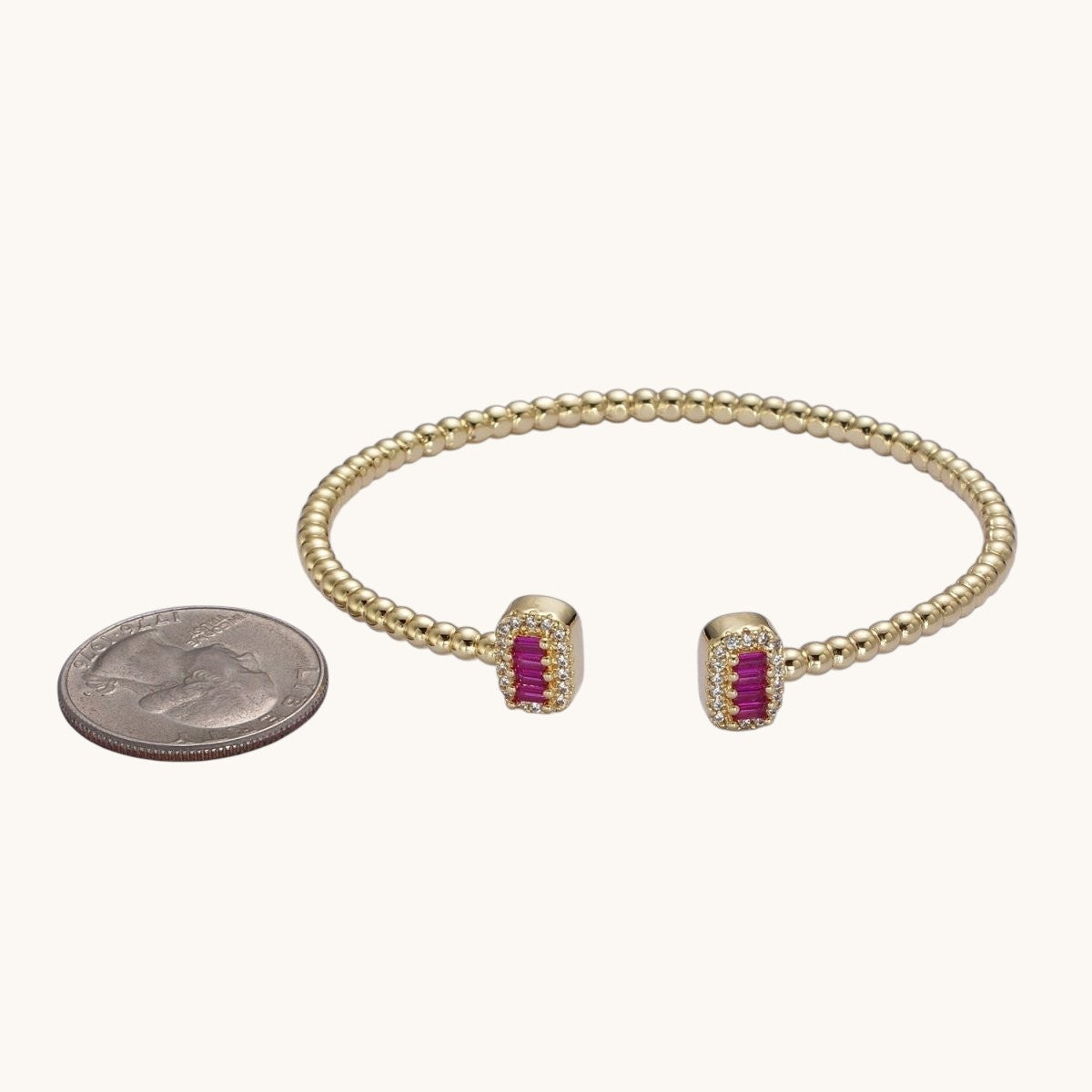 Gold Beaded Micro Paved Double Bar Clear Fuchsia Green Baguette Cubic Zirconia Cuff Bracelet