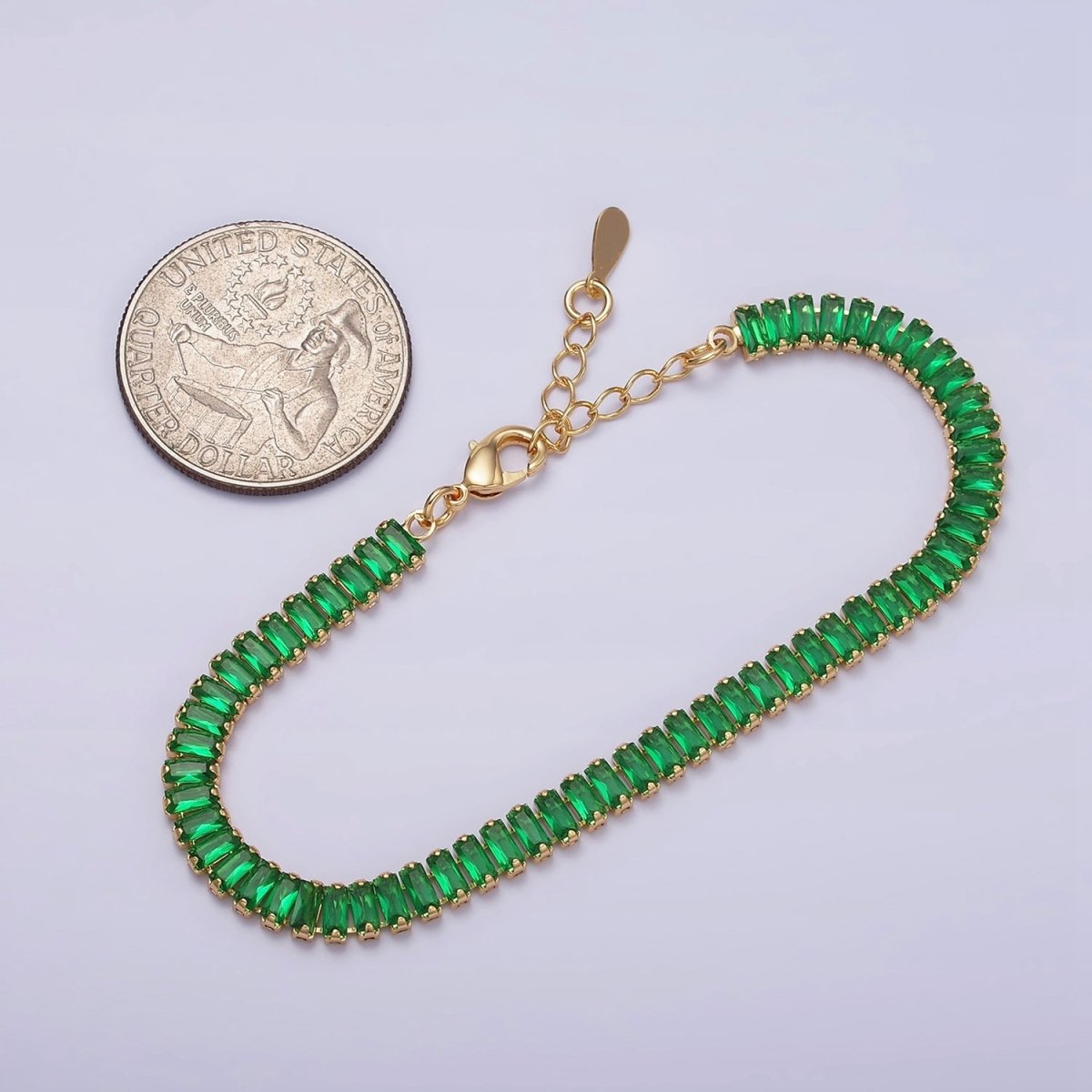 Gold Filled Tennis Bracelet, Baguette Emerald Green, Pink, Clear Pave CZ Bracelet