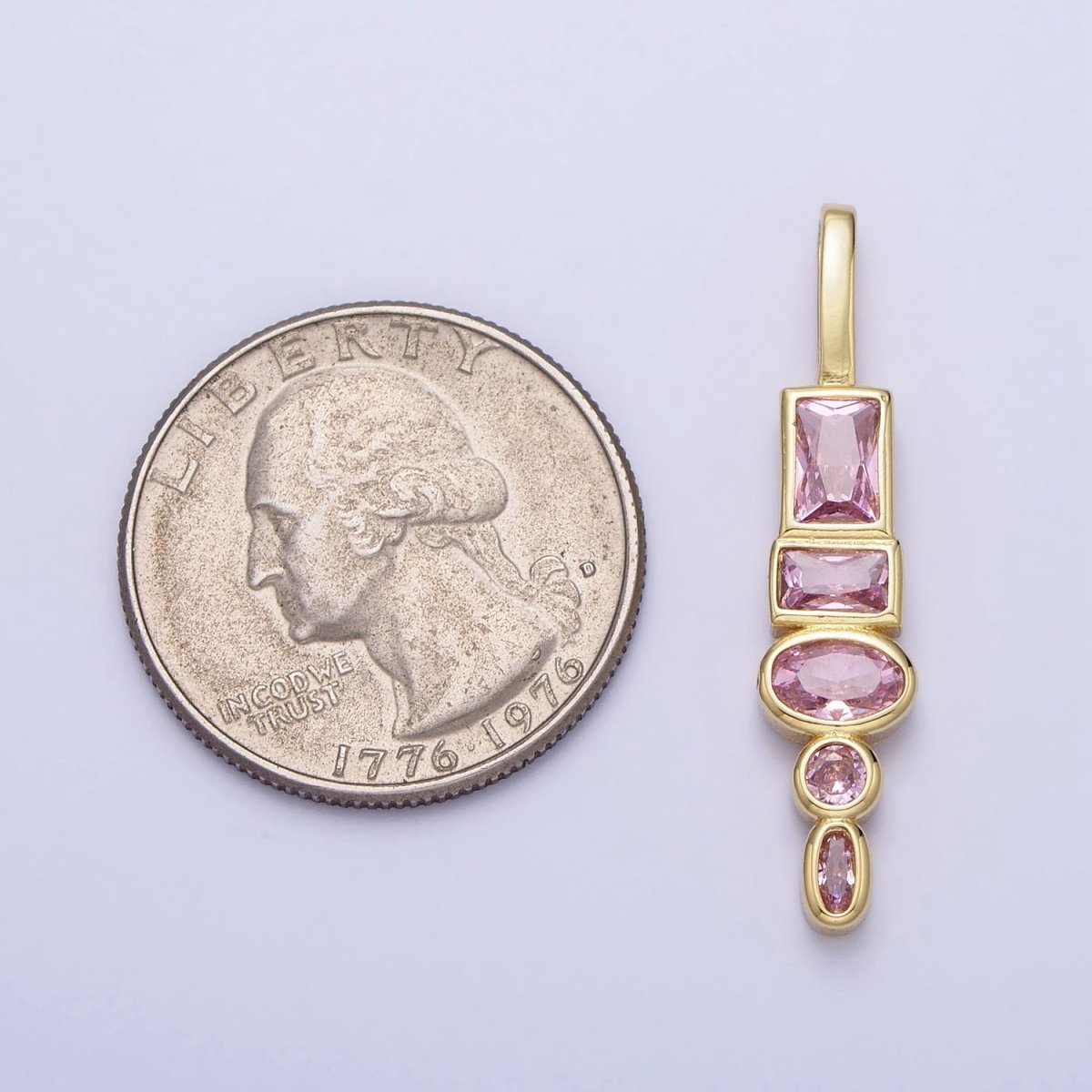 Gold Geometric Clear or Pink 35mm CZ Cubic Zirconia Baguette Oval Pendant