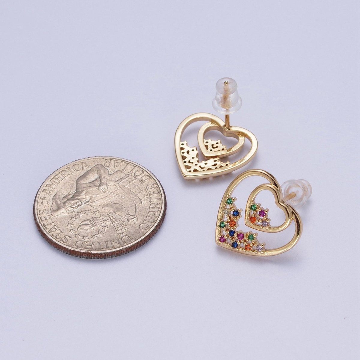 Minimalist Gold-Filled Heart Stud Rainbow CZ Stud Earrings