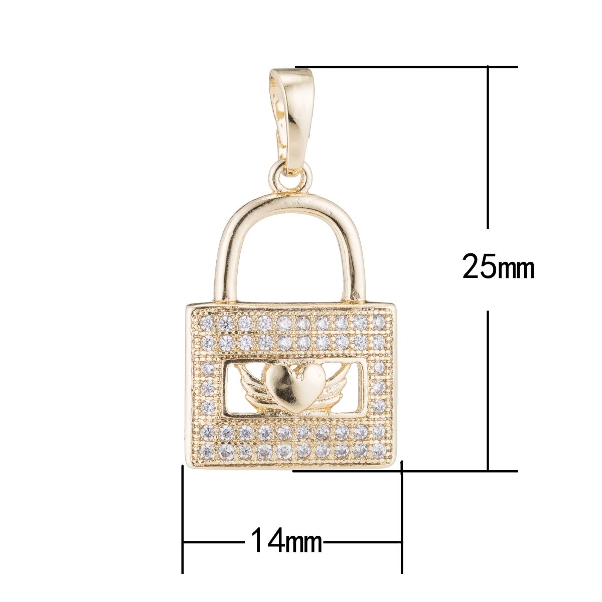 Gold Lock 25mm x 14mm Heart Wings Romantic Love Romance Cubic Zirconia Bail Pendant