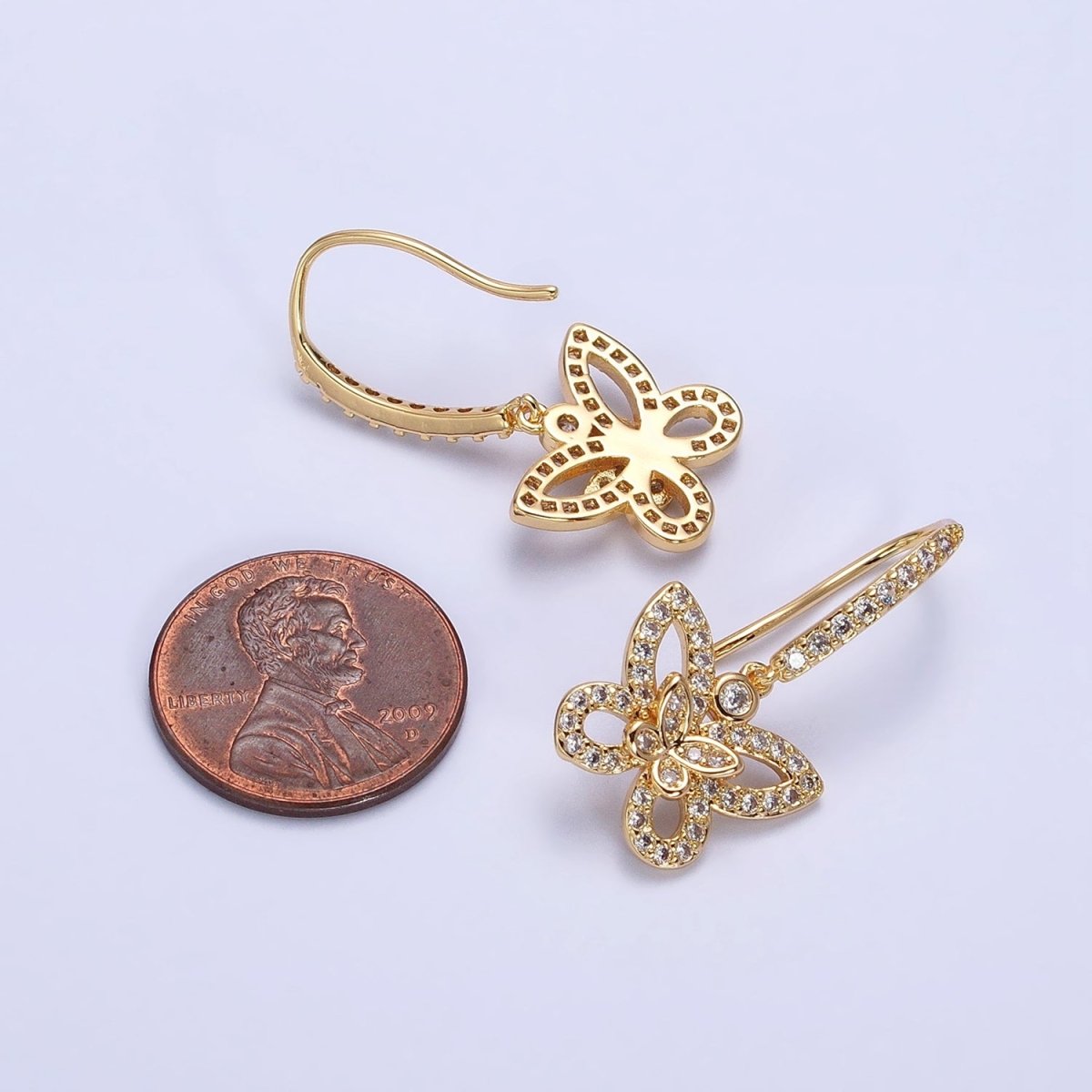 Simple Gold or Silver Double Butterfly Mariposa Clear Micro Pave CZ French Hook Earrings
