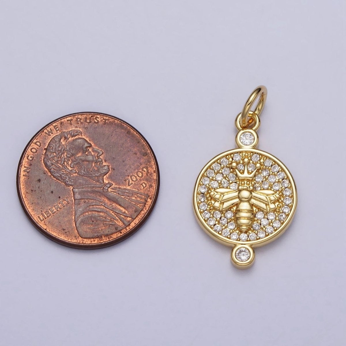 Gold or Silver 27mm x 14mm Double Sided Queen Bee Insect Sunburst Lined Micro Pave CZ Round Charm