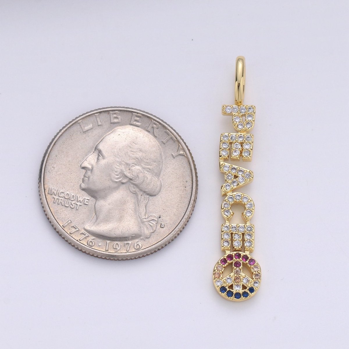 Micro Pave 38mmx 8mm Gold-Filled Clear CZ Multicolored Peace Letter Pendant