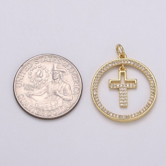 Micro Pave Cross Charm Coin Charm - 29x23mm, 14K Gold Filled CZ Dangle Charm Pendant, Cubic Zirconia, Gold Cross