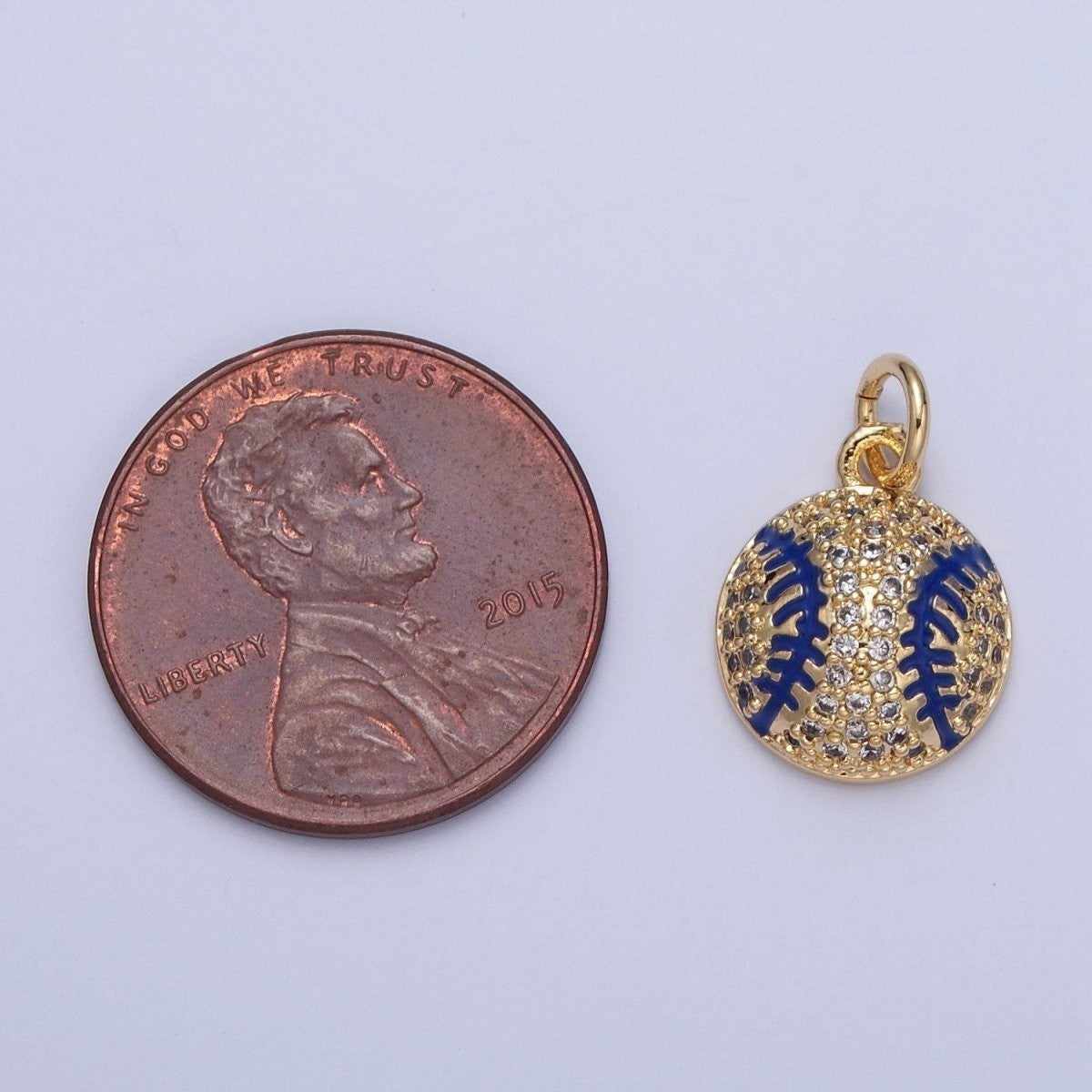 Micro Pave 17mm x 11mm CZ Baseball Charm, Clear Cubic Zirconia with Blue Enamel Stripe Ball