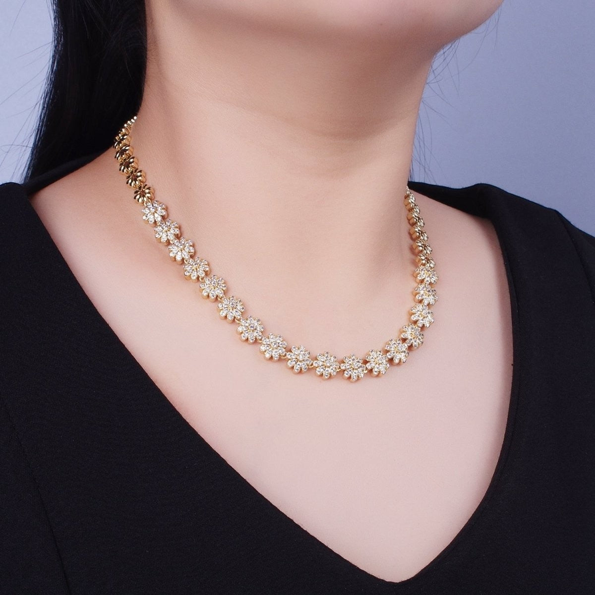 Micro Pave Daisy Flower Mother Nature Flower CZ Link Chain 16 Inch Choker Necklace