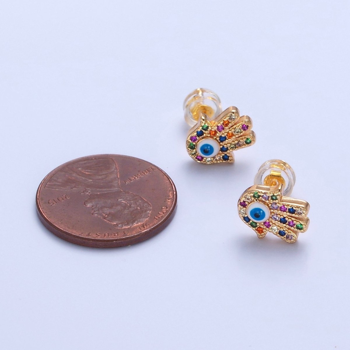 Multi Color Hand Stud Earrings Gold Evil Eye Pave Earrings
