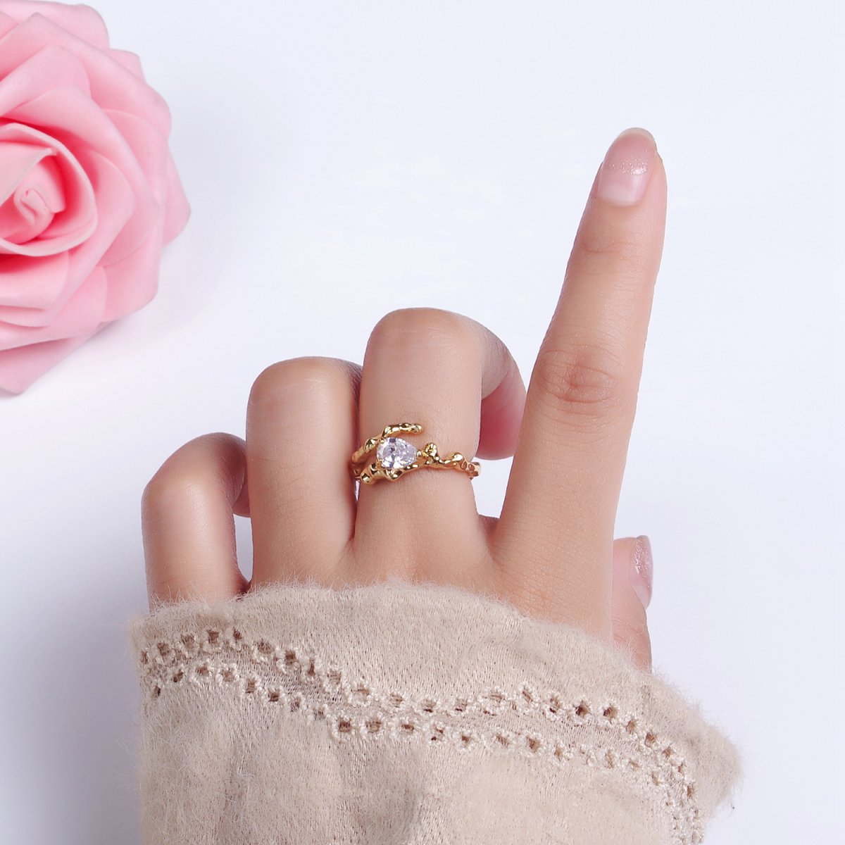 Beautiful 14K Gold Filled Clear CZ Teardrop Molten Drip Open Ring