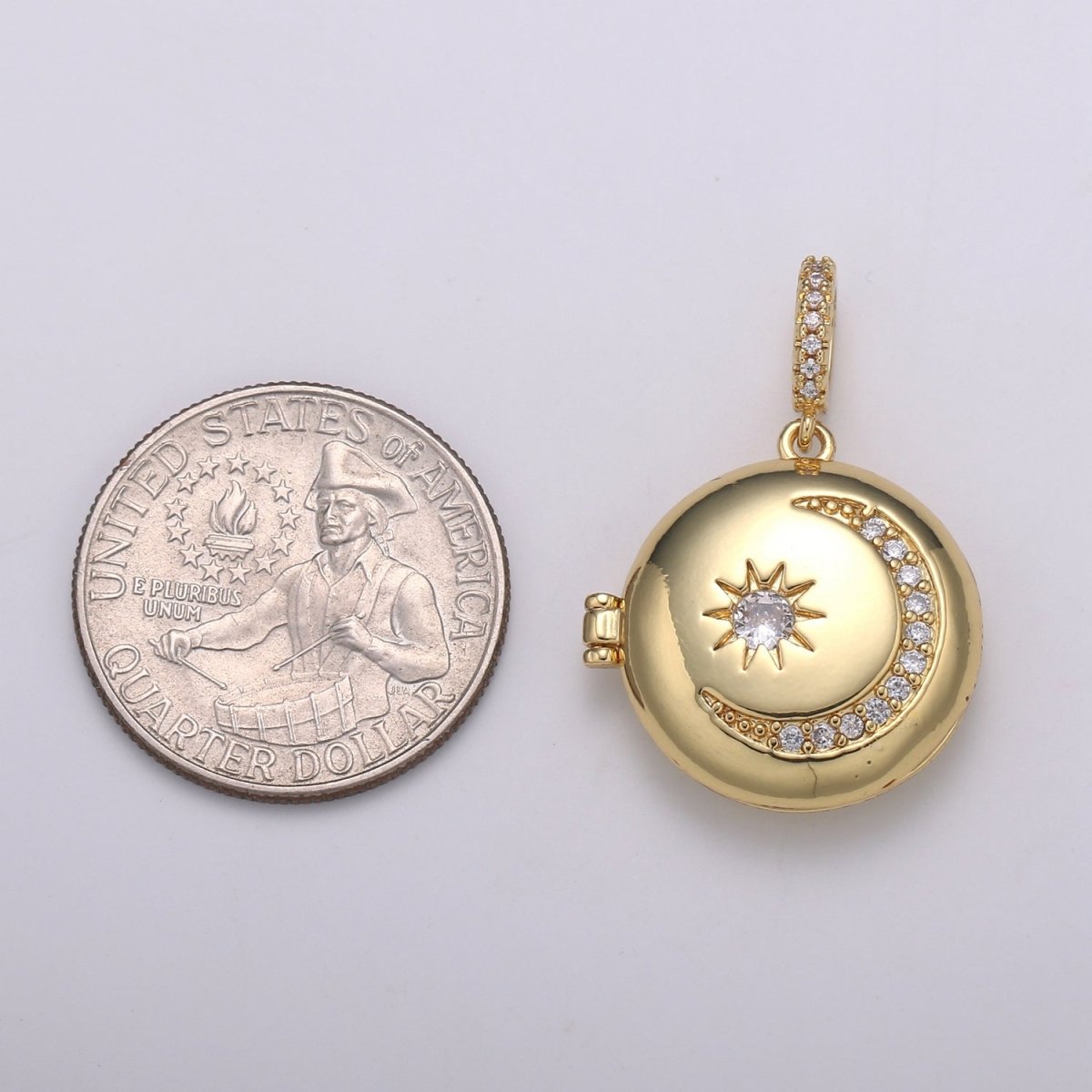 14K Gold-Filled 33mm Celestial Crescent Moon Locket Starry Night Locket Pendant Moon Star CZ