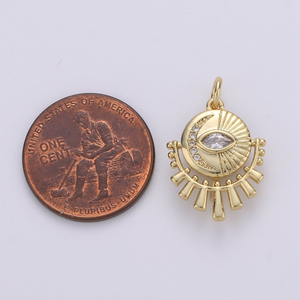 14K Gold Filled Moon Charm - 21mm x 15mm Celestial Pendant - Crescent Moon Evil Eye - Lunar Jewelry Gold medallion Charm