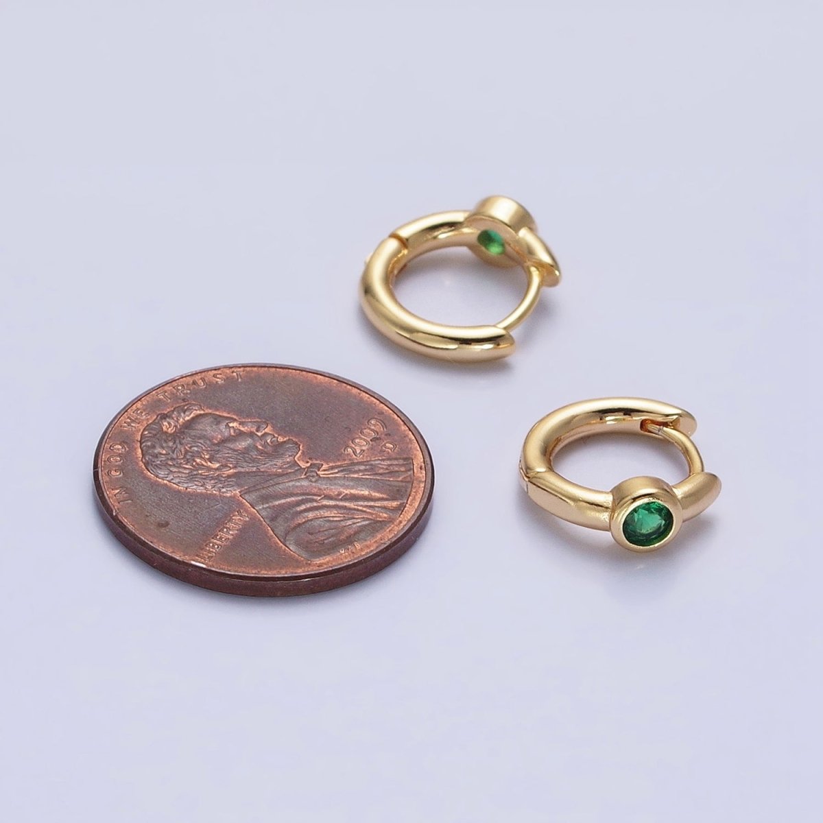 Silver or Gold Round Green CZ 12mm Cartilage Huggie Earrings