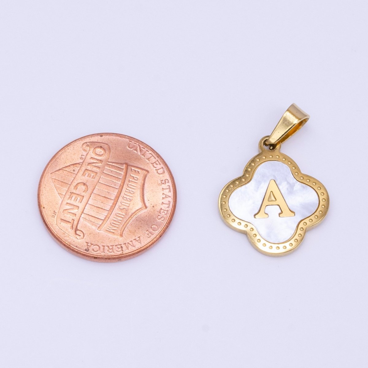 Stainless Steel A-Z 16.4mm Initial Letter Shell Pearl Quatrefoil Clover Gold Pendant