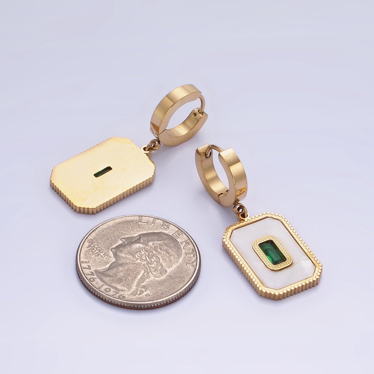 Stainless Steel Green Baguette Shell Pearl Rectangular Tag Drop Huggie Earrings