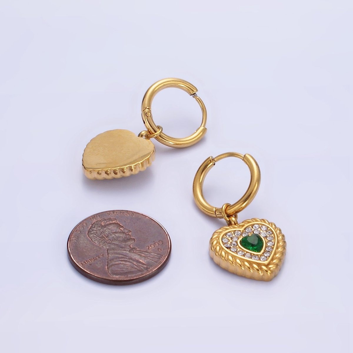 Stainless Steel Green Heart CZ Micro Pave Croissant Heart Drop Huggie Earrings