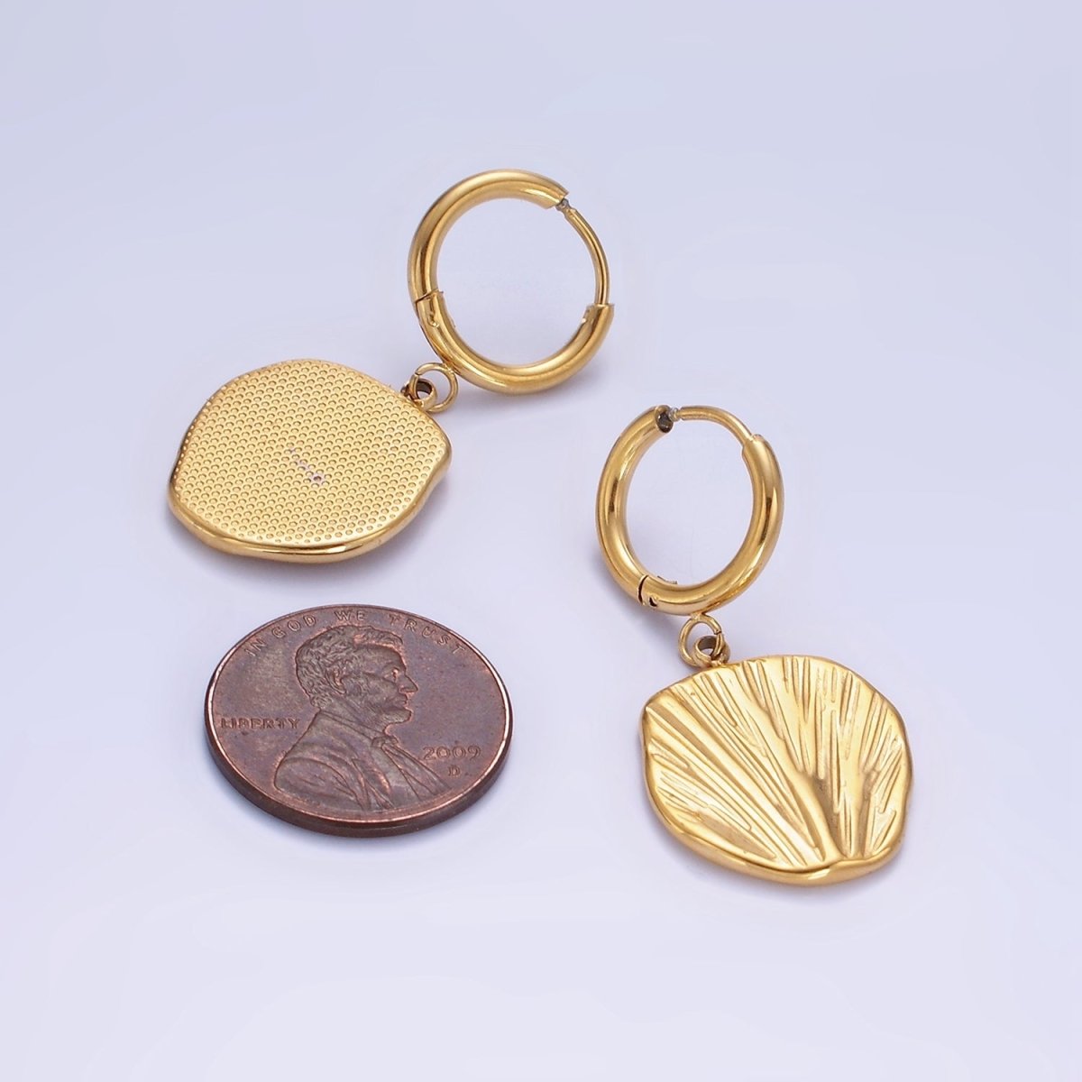 Stainless Steel Line-Textured Abstract Round Drop Huggie Earrings