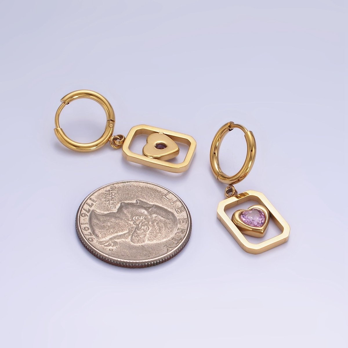 Simple Stainless Steel Pink Heart CZ Open Tag Drop Huggie Earrings