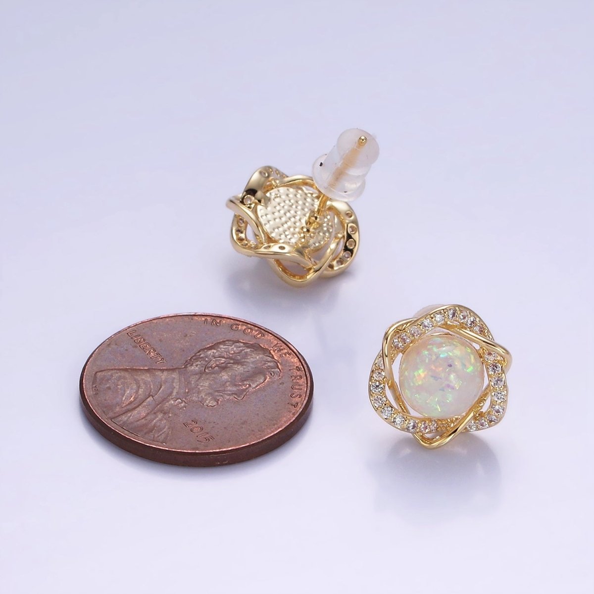 White Opal Curved Micro Paved Band Round Stud Earrings in Gold & Silver