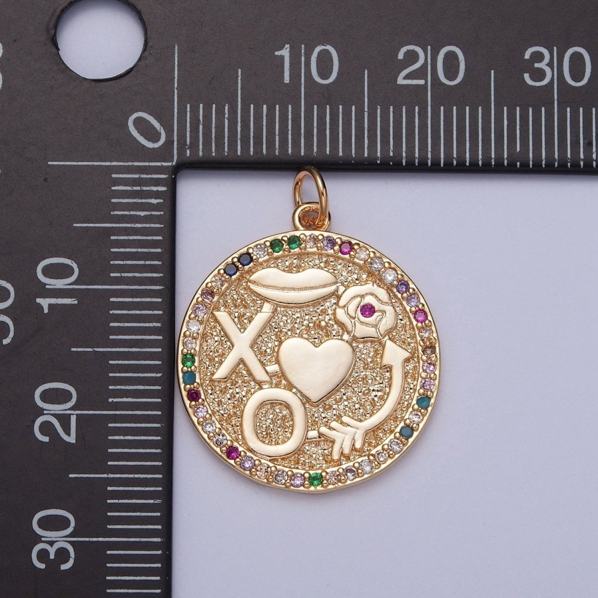 XO Kisses Love Roses Arrow Micro Pave Multicolor CZ Gold Round Medallion Charm